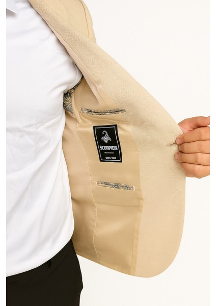 Bej Erkek Italyan Kesim Blazer Ceket – Kol Yamali, Slim Fit, Şık ve Modern Tasarım