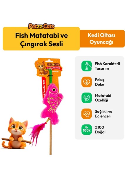 Petzzcats Fish Matatabi ve Çıngırak Sesli Kedi Oltası Oyuncağı Pembe 42 cm