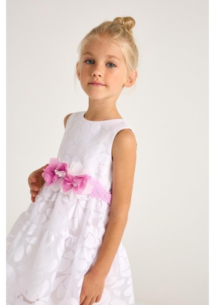 Kız Çocuk 2-8 Yaş Desenli Çiçek Kemerli Elbise 3918 Beyaz