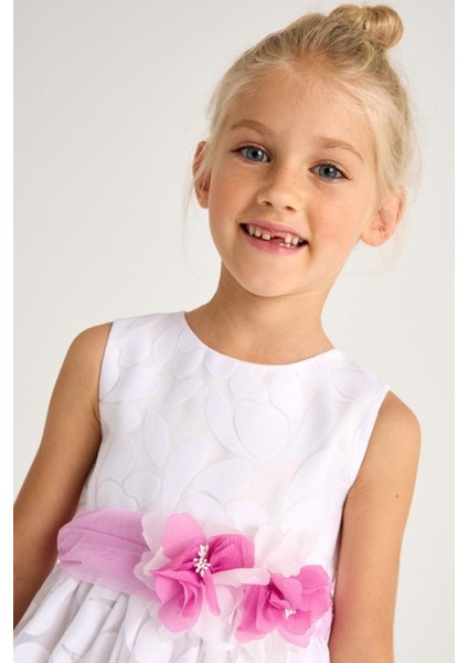 Kız Çocuk 2-8 Yaş Desenli Çiçek Kemerli Elbise 3918 Beyaz modelleri