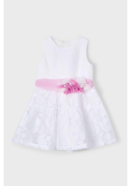 Kız Çocuk 2-8 Yaş Desenli Çiçek Kemerli Elbise 3918 Beyaz fırsatları