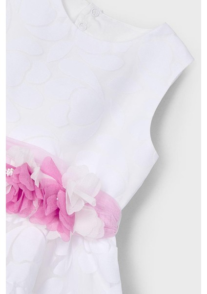 Kız Çocuk 2-8 Yaş Desenli Çiçek Kemerli Elbise 3918 Beyaz