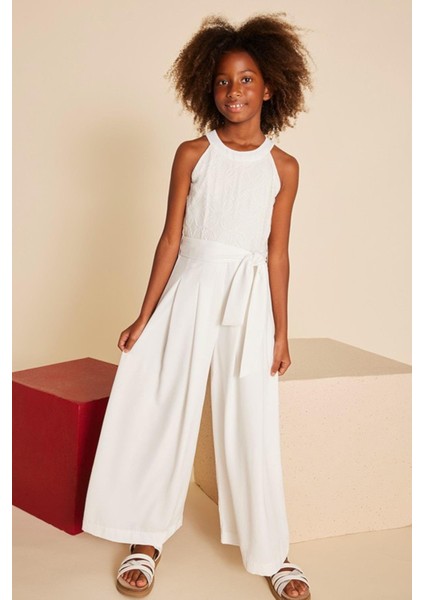 Kız Çocuk 8-18 Yaş Işlemeli Kemerli Tulum 6864 Ekru