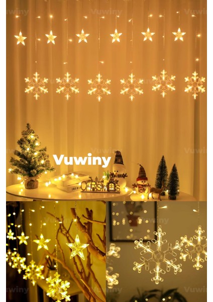 LED Işıklı 8 Modlu Gün Işığı Dekoratif Saçaklı Kar Tanesi ve Yıldızlı Perde LED
