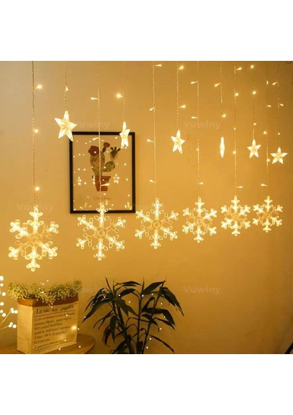 LED Işıklı 8 Modlu Gün Işığı Dekoratif Saçaklı Kar Tanesi ve Yıldızlı Perde LED indirimleri