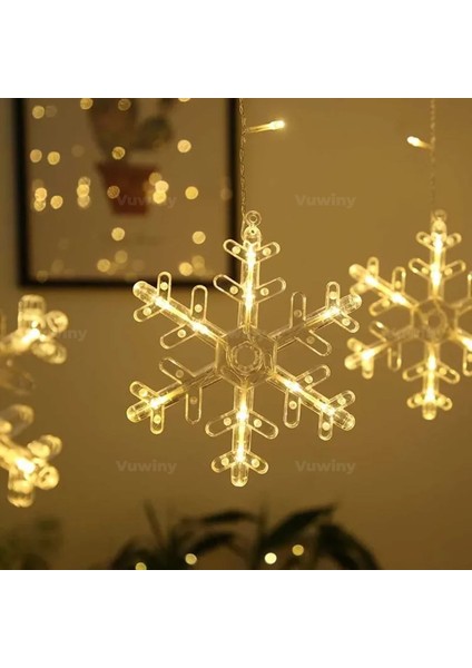 LED Işıklı 8 Modlu Gün Işığı Dekoratif Saçaklı Kar Tanesi ve Yıldızlı Perde LED