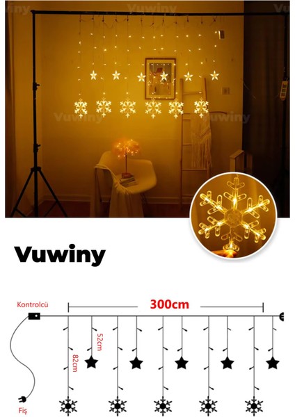 LED Işıklı 8 Modlu Gün Işığı Dekoratif Saçaklı Kar Tanesi ve Yıldızlı Perde LED