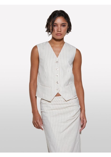 Keten Karışımlı Cepli V Yaka Yelek Kadın Siyah Yelek - 325P25ICLJ00S