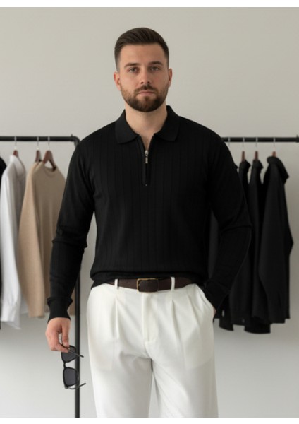 Siyah Yarım Fermuar Polo Yaka Triko Fitilli Kazak