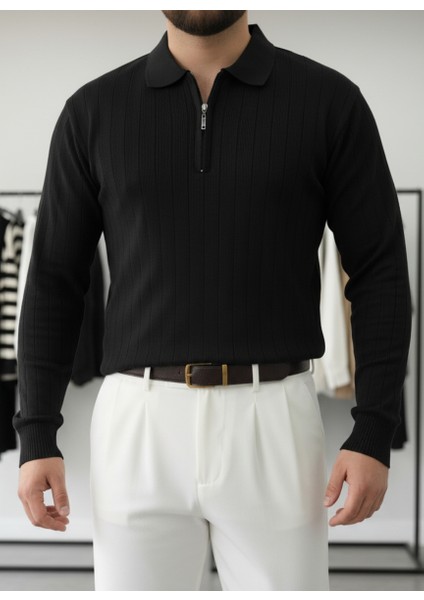 Siyah Yarım Fermuar Polo Yaka Triko Fitilli Kazak fiyatları