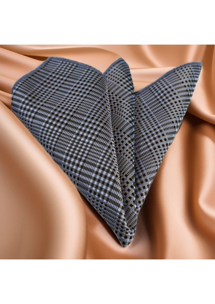 Mavi Lacivert Gümüş Geçili Kare Desen Saten Dokuma Cep Aksesuarı Yaka Mendili