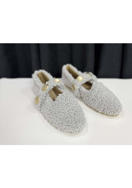 Kadın Inci ve Tuğra Detaylı Peluş Babet - Gri - 40