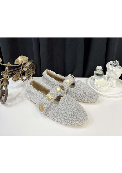 Kadın Inci ve Tuğra Detaylı Peluş Babet - Gri - 40 fiyatları