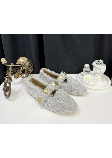 Kadın Inci ve Tuğra Detaylı Peluş Babet - Gri - 40 modelleri