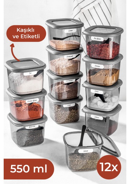 Beyaz Serigrafi Etiketli Kaşıklı Kare Erzak Saklama Kabı 12'li Set Küçük Boy 0,55 Litre