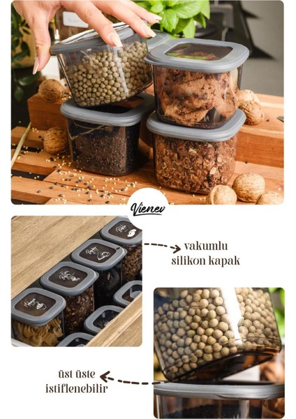 Beyaz Serigrafi Etiketli Kaşıklı Kare Erzak Saklama Kabı 12'li Set Küçük Boy 0,55 Litre indirimleri