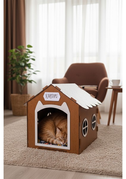 Ahşap Özel Isim Baskılı Dekoratif Kedi Evi-Kulübesi, Kediler Için Kulübe, Kedi Kulübesi Ceviz