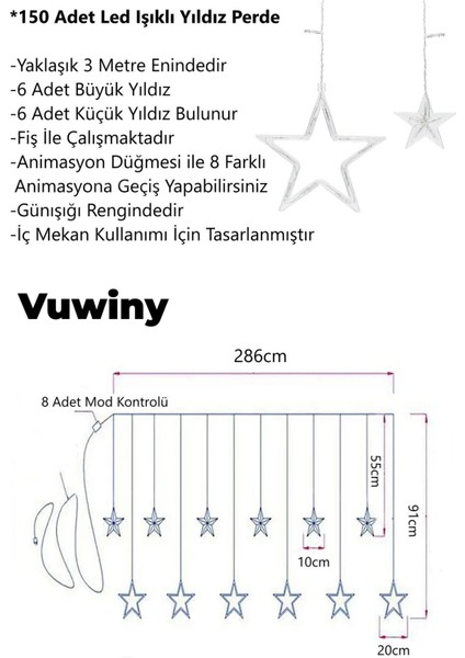 150 LED Işıklı 8 Modlu Gün Işığı Dekoratif Saçaklı Yıldızlı Perde LED