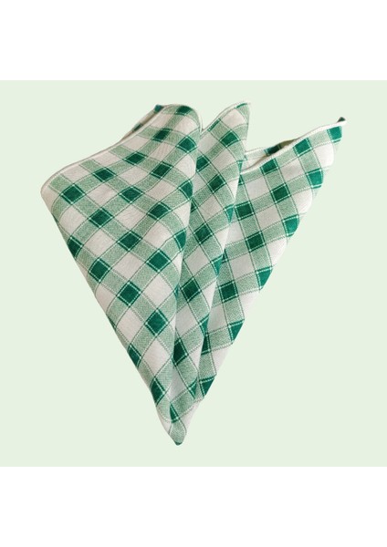 Yeşil Beyaz Ekose Kare Desenli 100% Pamuk Cep Yaka Mendili