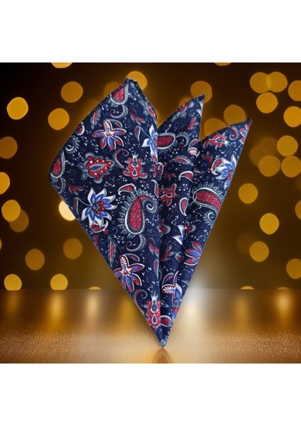 Lacivert Üzeri Beyaz Bordo Çiçek Baskılı Cep Yaka Mendili