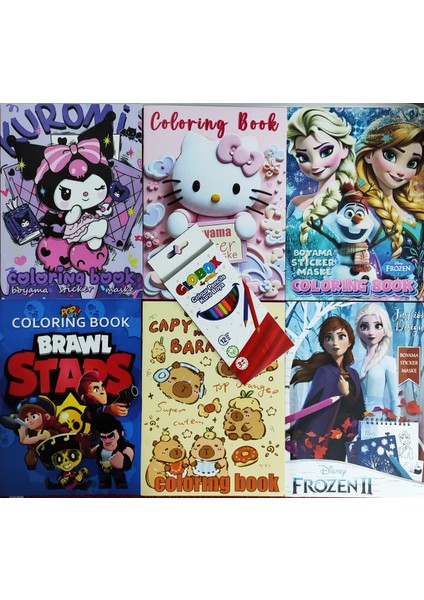 6 Adet Stickerli Boyama Kitabı 12 Li Kuru Boya Kalemi Hediyeli AD5016