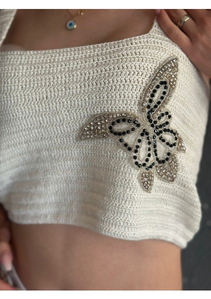 El Örgüsü Zirkon Taşlı Kelebekli Beyaz Etek Büstiyer Takım modelleri