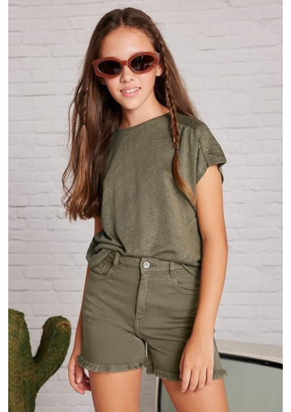 Kız Çocuk 8-18 Yaş Püsküllü Renkli Denim Şort 275 Haki