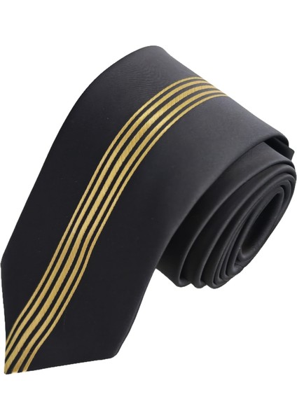 Siyah Üzerine Altın Ortadan Çizgili Özel Kesim Ince Slim Trend Kravat fiyatları