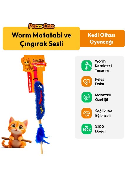 Petzzcats Worm Matatabi ve Çıngırak Sesli Kedi Oltası Oyuncağı Mavi 42 cm