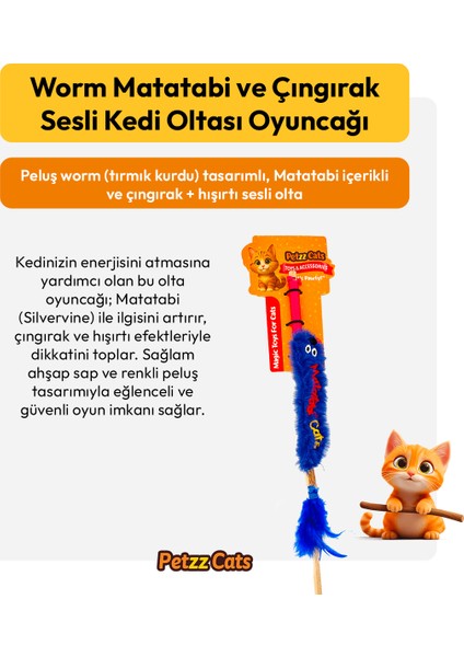 Petzzcats Worm Matatabi ve Çıngırak Sesli Kedi Oltası Oyuncağı Mavi 42 cm fiyatları