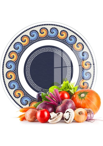 Cam Kesme Tahtası ve Sunumluk Yuvarlak Renkli Geometrik Desenli 30X30 cm