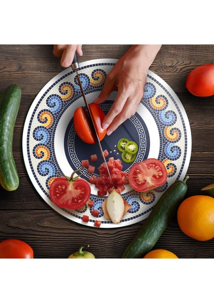 Cam Kesme Tahtası ve Sunumluk Yuvarlak Renkli Geometrik Desenli 30X30 cm fırsatları