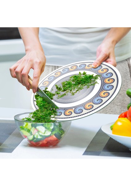 Cam Kesme Tahtası ve Sunumluk Yuvarlak Renkli Geometrik Desenli 30X30 cm indirimleri