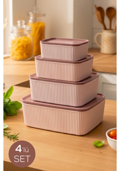 4'lü Dikdörtgen Saklama Kabı Seti Pembe | 2.5l 1.5l 0.80L 0.45L | Mikrodalga ve Dondurucu Uyumlu