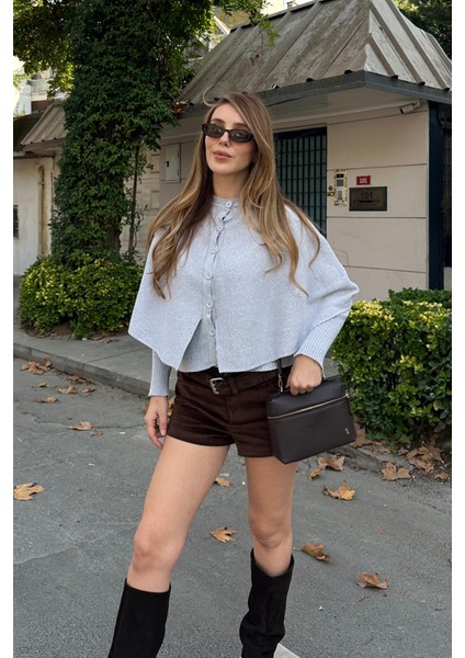 Gri Pelerin Detaylı Triko Hırka - 1317 indirimleri