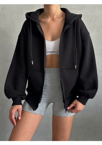 Kadın Fermuarlı Oversize Sweat Hırka