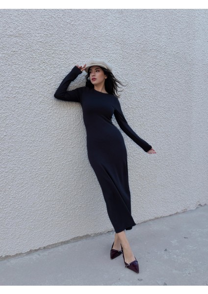 Kadın Siyah Modal Kumaş Dar Kesim Uzun Elbise 30073
