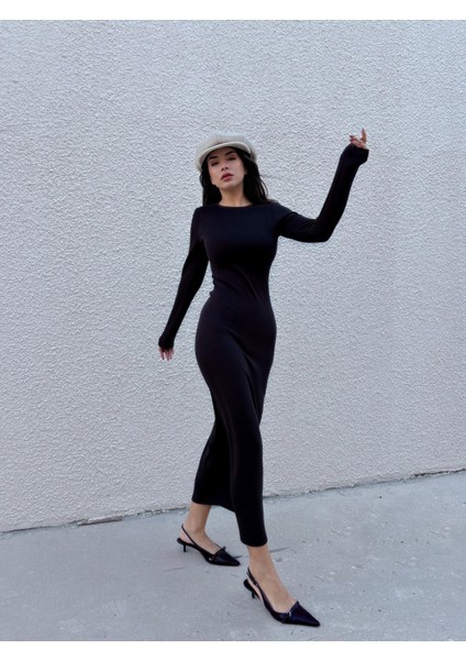 Kadın Siyah Modal Kumaş Dar Kesim Uzun Elbise 30073