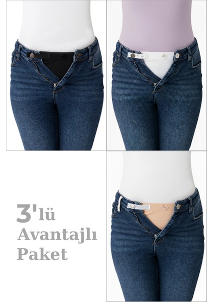 Hamile Pantolon Bel Genişletici - Kadın Pantolon Genişletici, 3'lü Paket Beyaz-Siyah-Ten