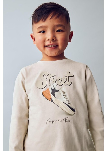 Erkek Çocuk 4-9 Yaş Baskılı Uzun Kol T-Shirt Bej