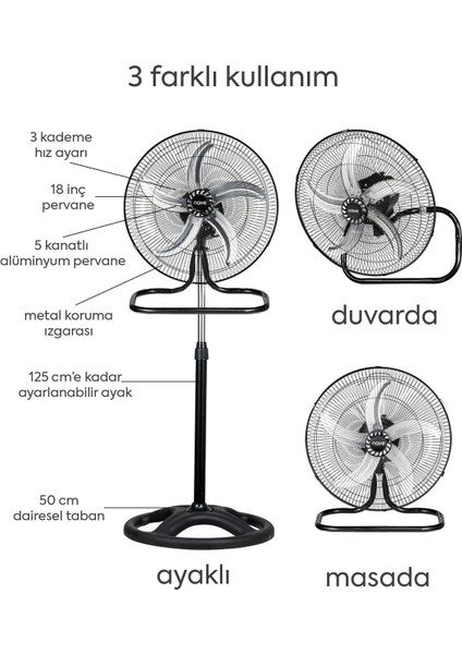 NT-08S 18'' 3 In 1 Alüminyum Pervaneli Sanayi Tipi Vantilatör Sessiz,3 Kademe Hız Ayarlanabilir Ayak