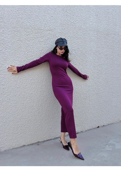 Kadın Bordo Modal Kumaş Dar Kesim Uzun Elbise 30073