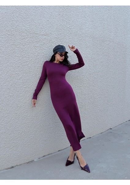 Kadın Bordo Modal Kumaş Dar Kesim Uzun Elbise 30073