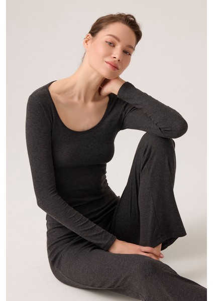 x Ece Antrasit Modal Kumaşlı Uzun Kollu Eşofmanlı Pijama Takımı Ribbed Pj2