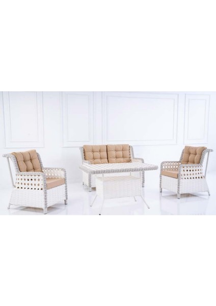 Doğal Hasır Görünümlü Bahçe Balkon Oturma Grubu 6 Parça – (3+1+1+Masa+2 Puf)