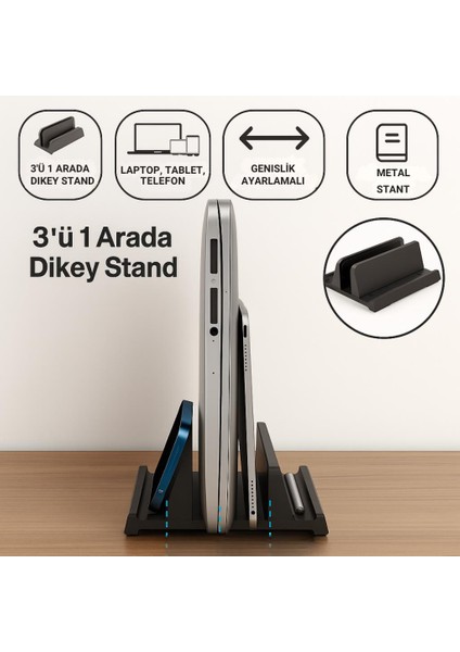 3 Bölmeli Metal Genişlik Ayarlamalı Masaüstü Dikey Macbook Laptop Notebook Standı Telefon Tablet Standı