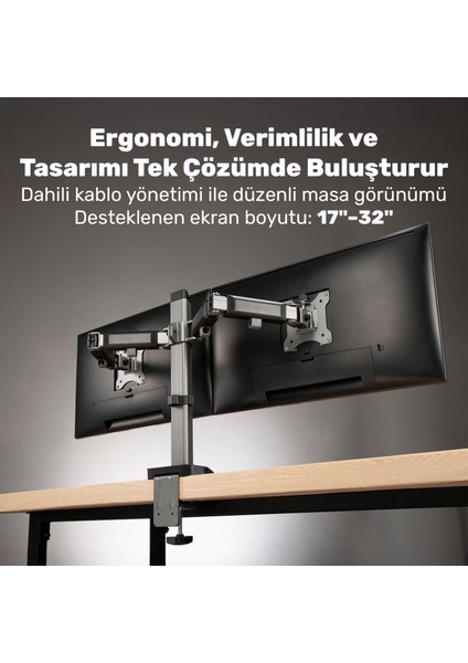 STD55024S Basic 17"-32" Geniş Aralıklı Hareketli Vesa Çift Kol Monitör Tutucu modelleri