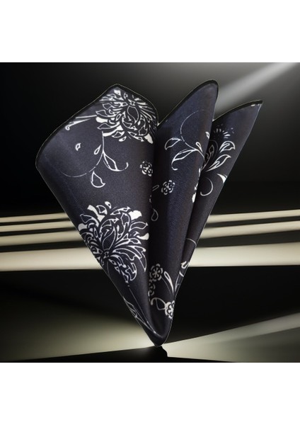 Siyah Üzeri Beyaz Çiçek Baskılı Saten Cep Aksesuarı Yaka Mendili