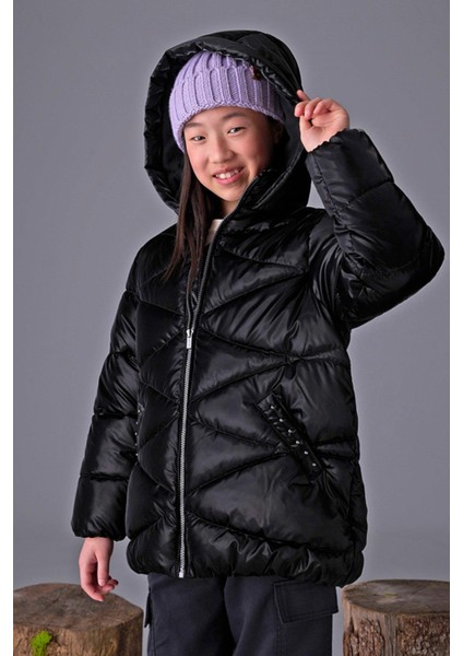 Kız Çocuk 8-18 Yaş Dolgulu Uzun Mont Siyah