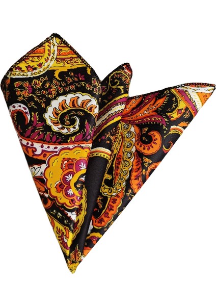 Siyah Üzerine Çok Renkli Şal Desen Baskı Pes Cep Yaka Mendili